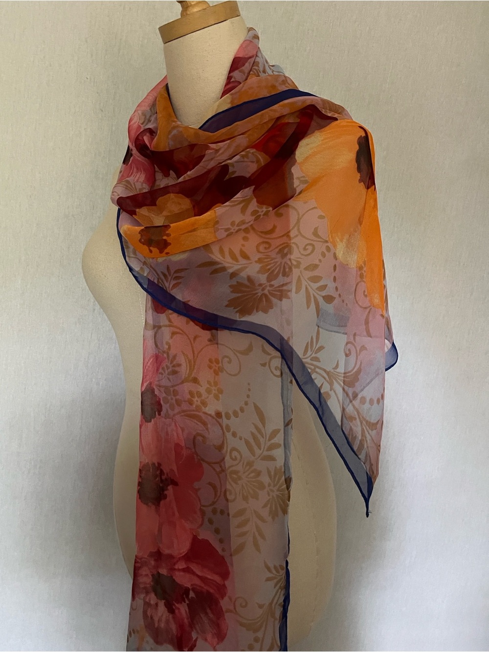 Lanmei Floral Chiffon Sheer Long Scarf in Pink, Red & Yellow with Navy Trim